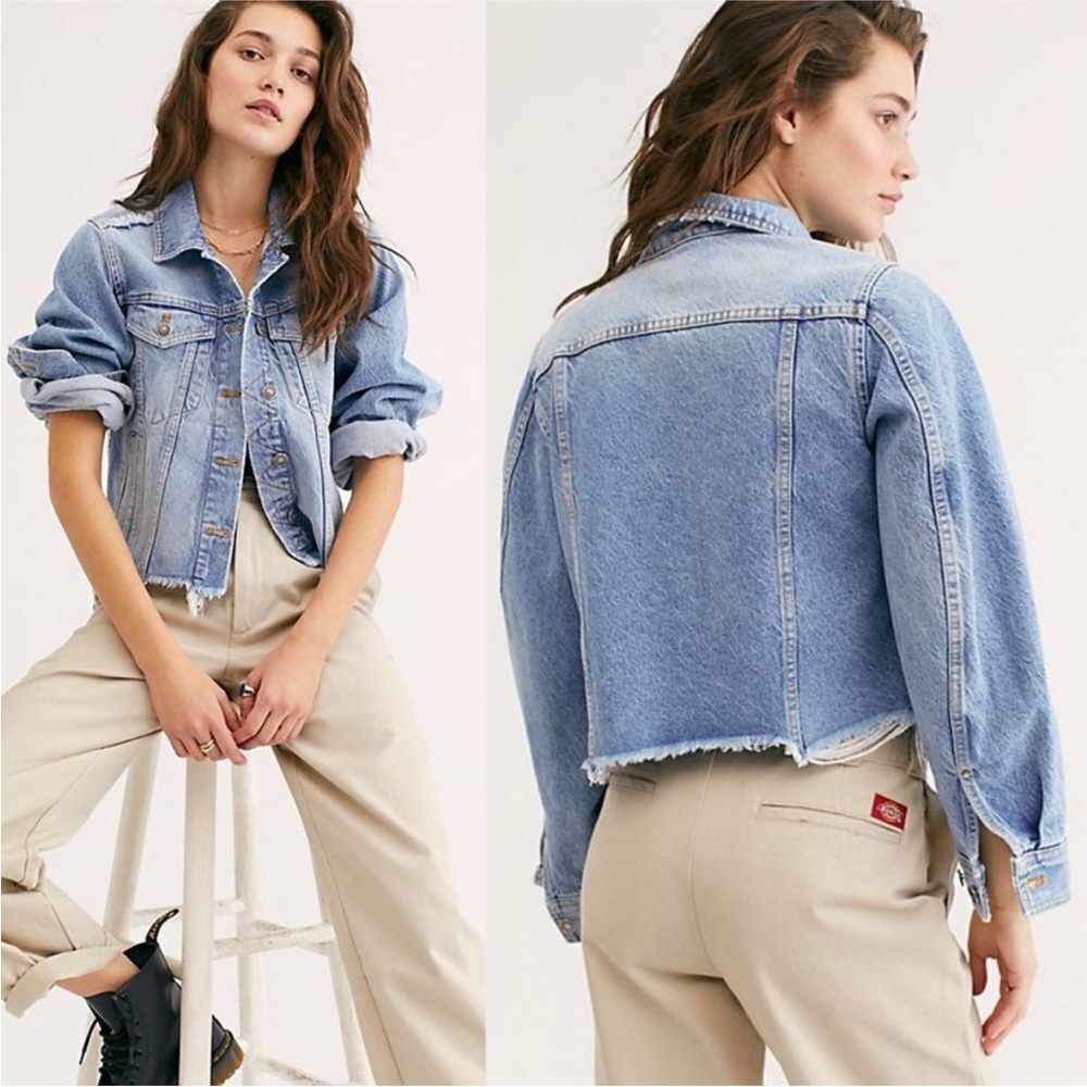 Free People Women Size M Indira Denim Trucker Distressed Cotton Cropped Jacket